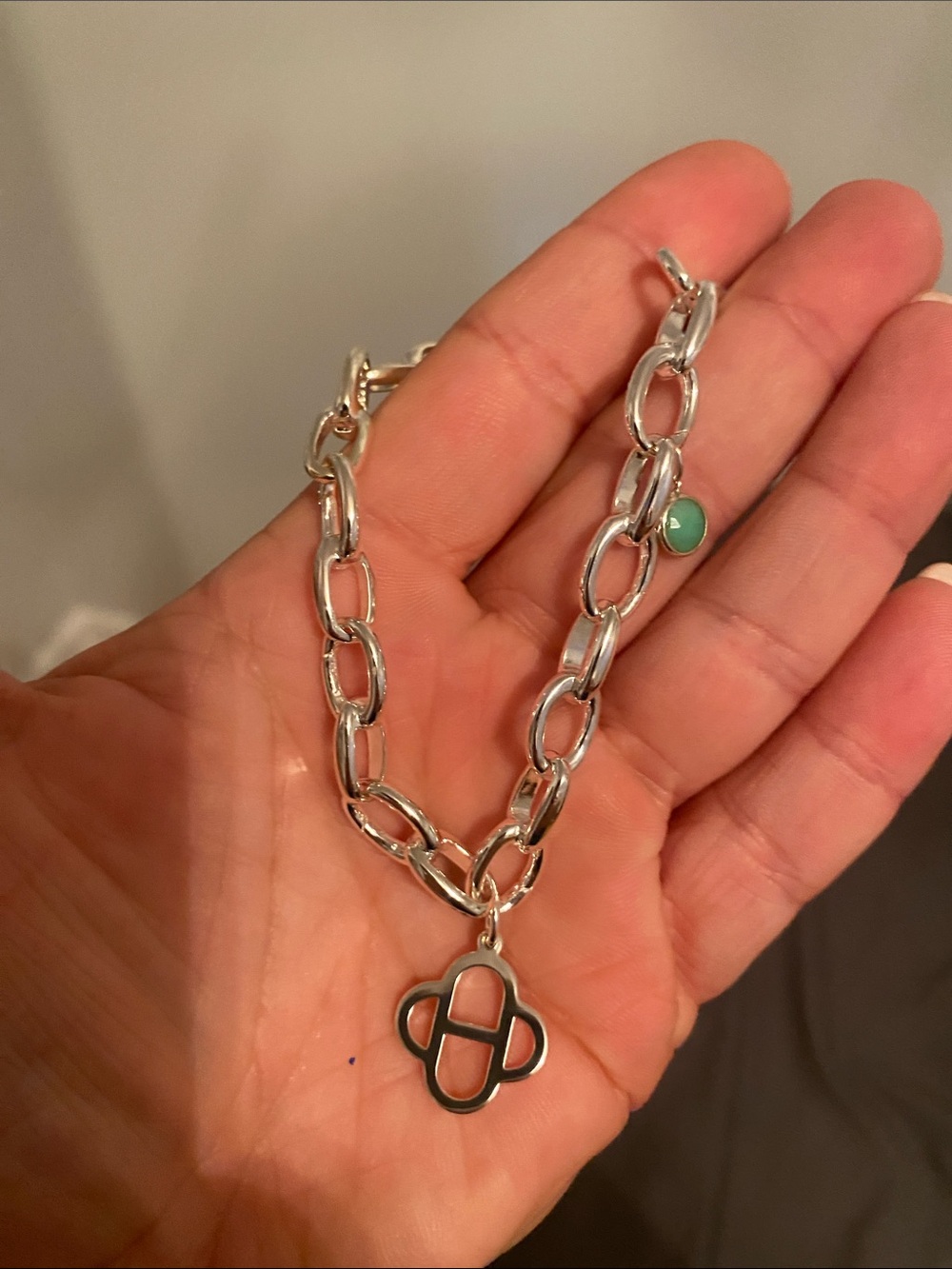 Stella & Dot Silver Link Bracelet with Green Charm